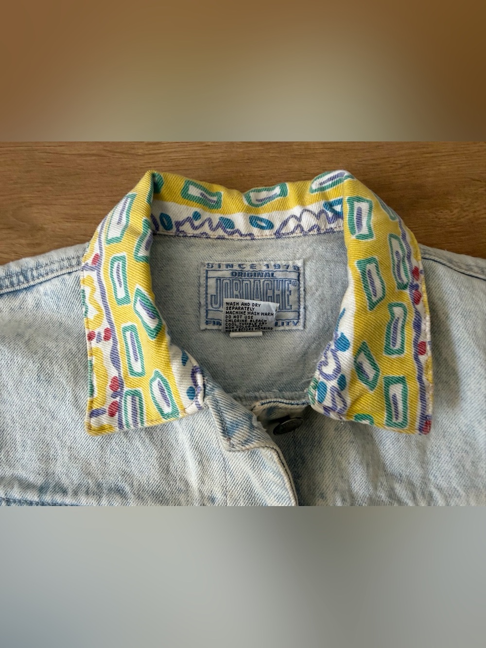 Jordache Light Wash Denim Crop Jacket with Yellow, Pink, Green & Blue Print - Picture 7 of 16